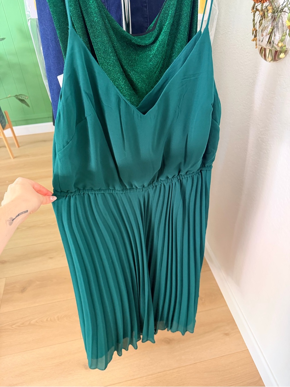 Teal Pleated V-Neck Spaghetti Strap Dress